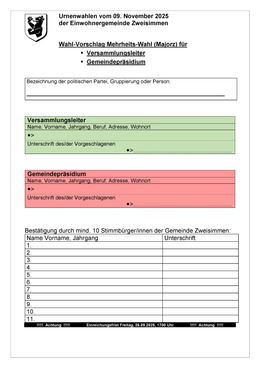 Formular Wahlvorschläge Gemeindepräsidium und Verssammlungsleitung