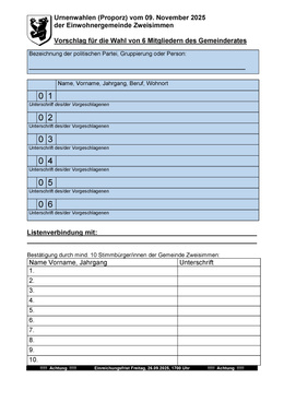 Formular Wahlvorschläge Gemeinderat